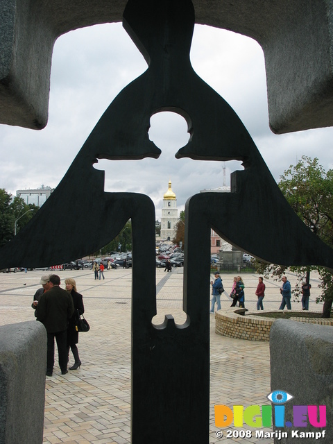 28227 Saint Sophia Cathedral through famine memorial at St. Michael's Golden-Domed Monastery in Kiev